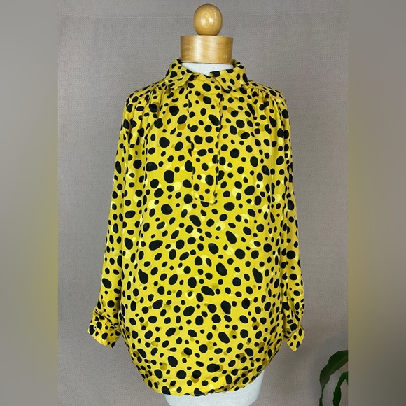 VINTAGE The Very Thing! 80s 90s Yellow & Black Polkadot Silk Blouse - Picture 1 of 11